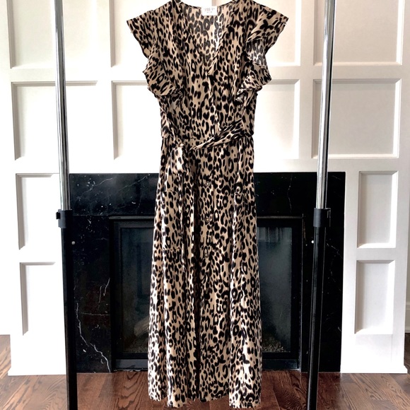 Sienna Sky Dress Ruffle Shoulder Leopard Midi S - Picture 5 of 12